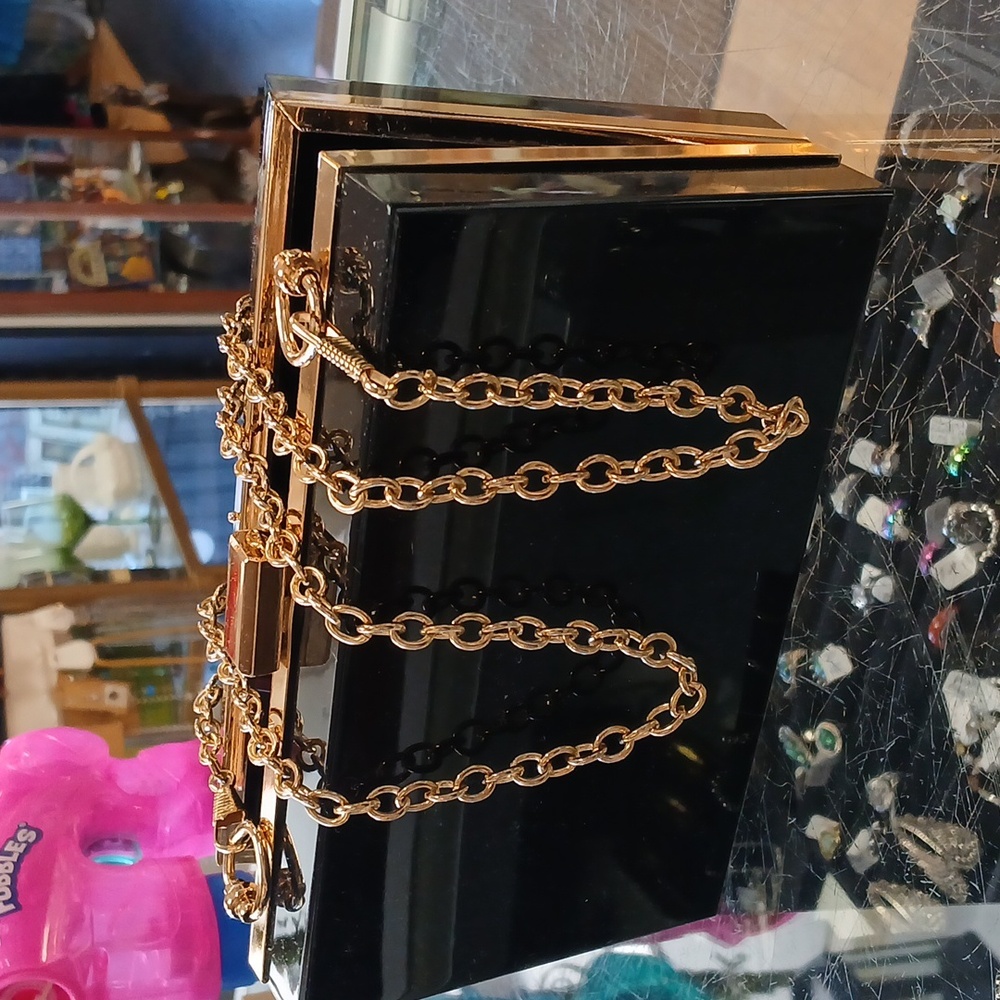 Black Acrylic Square Jelly Evening Bag for Women Goldtone Chain